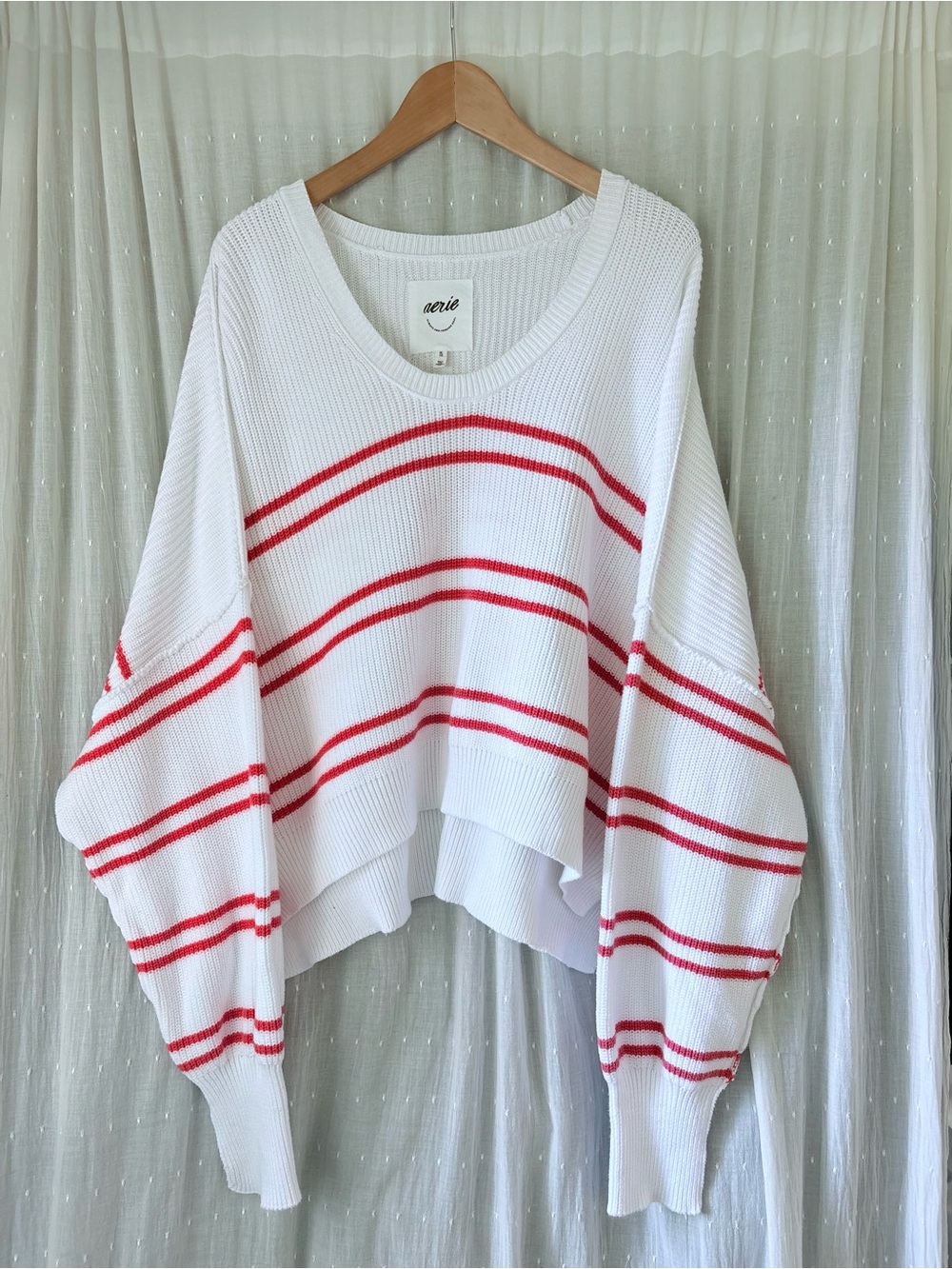 aerie White Crewneck Sweater with Coral Stripes - Picture 2 of 4